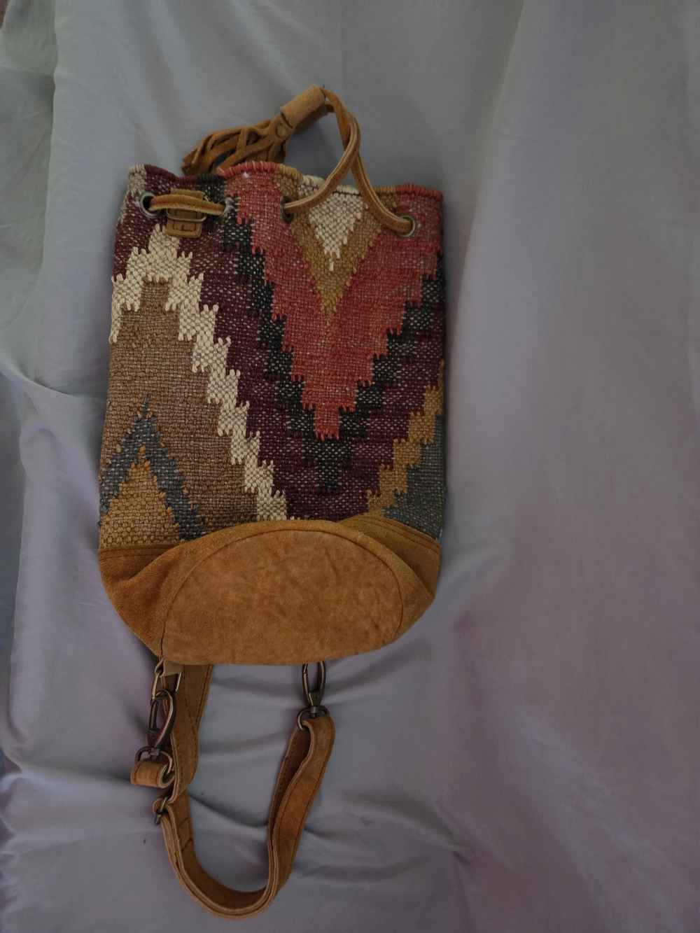 Handwoven Chevron Drawstring Backpack - Multicolor Tan Trim